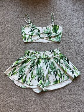 Fashion Nova White and Green Tropical Print Short Set